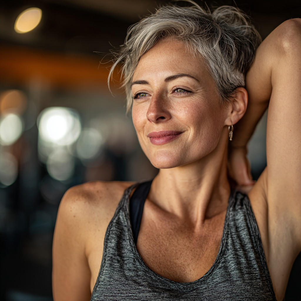 A fit woman in her late 40s with short gray hair performing stretching exercises in a bright modern gym, wearing comfortable athletic wear, smiling confidently